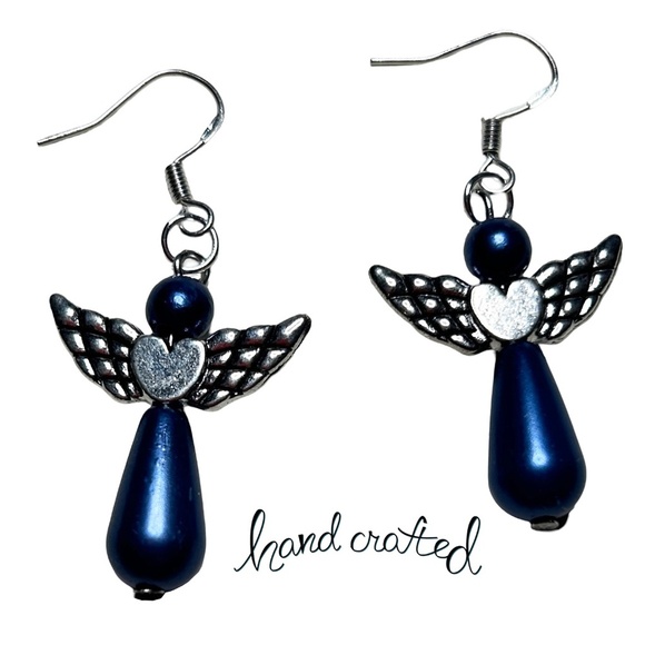 Hand Crafted Drop Earrings 3-D Articulating Angels Blue Pearl Silver Plate Wires - Picture 1 of 6